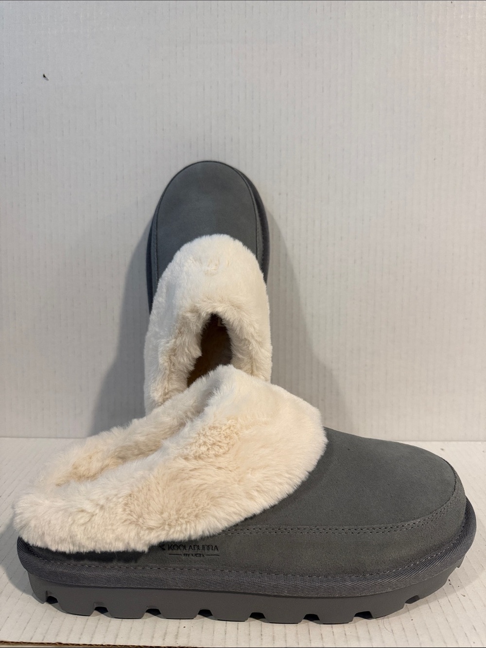 NEW - Koolaburra Gray Slip-On Suede Slippers with Cream Plush Lining (sz 9)